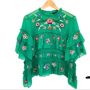 Zara Kelly Green Embroidered Tiered Ruffle Blouse